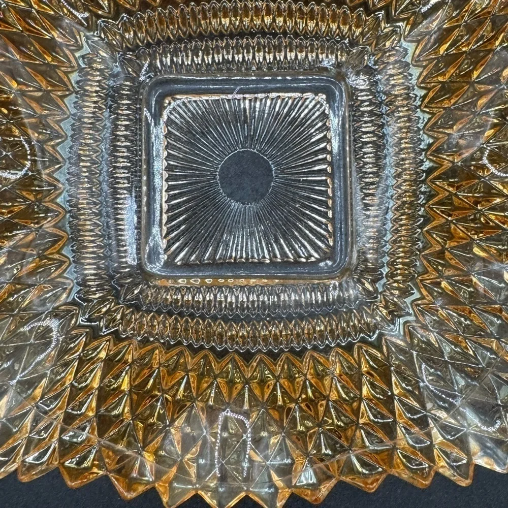 Vtg ‘60s Glass Diamond Block Ruffled Trinket Candy Nut Dish Amber Gold Ashtray